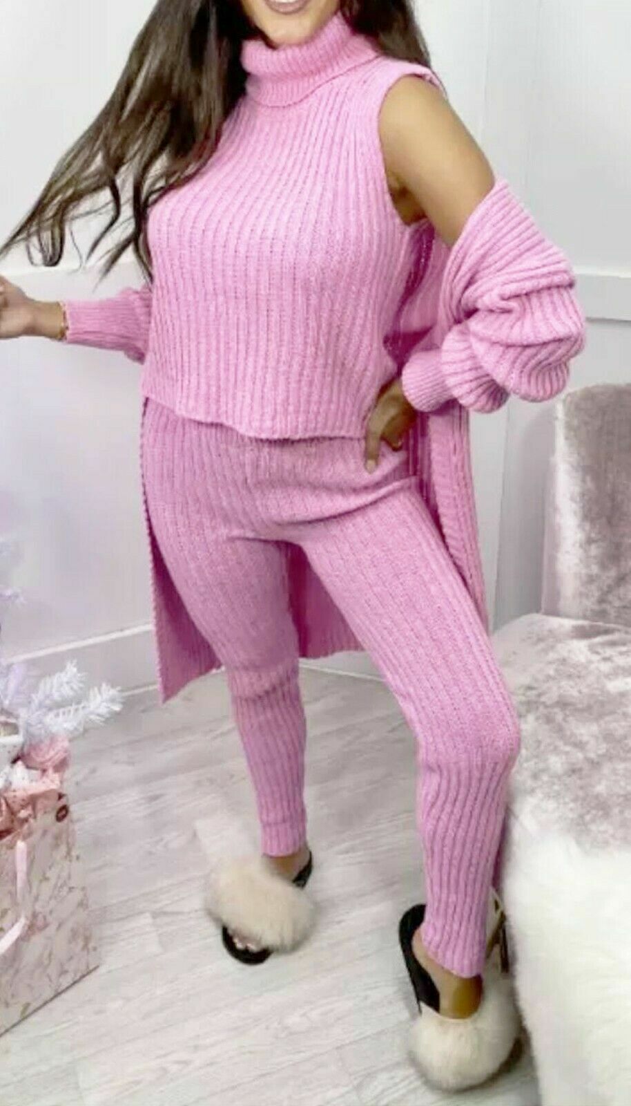 Ladies Knitted Tracksuit Set - 3 Piece Roll Neck Chunky Knitted Ribbed Lounge Set
