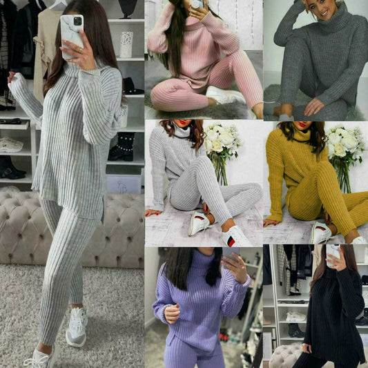 Ladies Chunky Knitted Loungewear Set with Ribbed Polo High Neck Top and Leggings