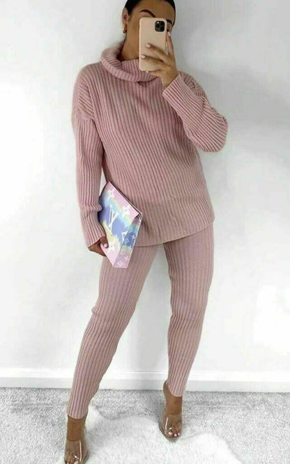Ladies Chunky Knitted Loungewear Set with Ribbed Polo High Neck Top and Leggings