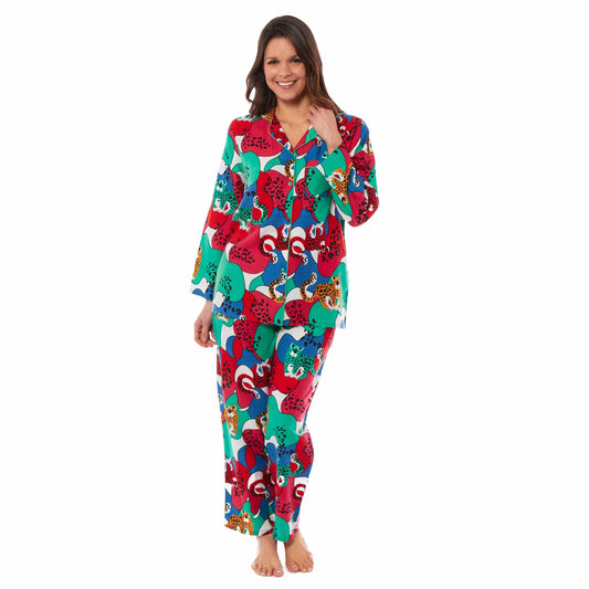 Women's Jaguar Jungle Leopard Print Long Pyjama Set Button Up Soft Breathable Viscose Loungewear Sleepwear Relaxing PJ Set by Daisy Dreamer
