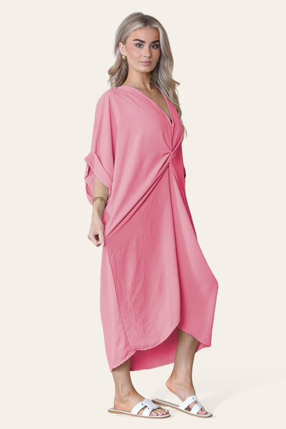 Womens Oversized Midi Dress with V-Neck Tie Knotted Twisted Front Longline Design